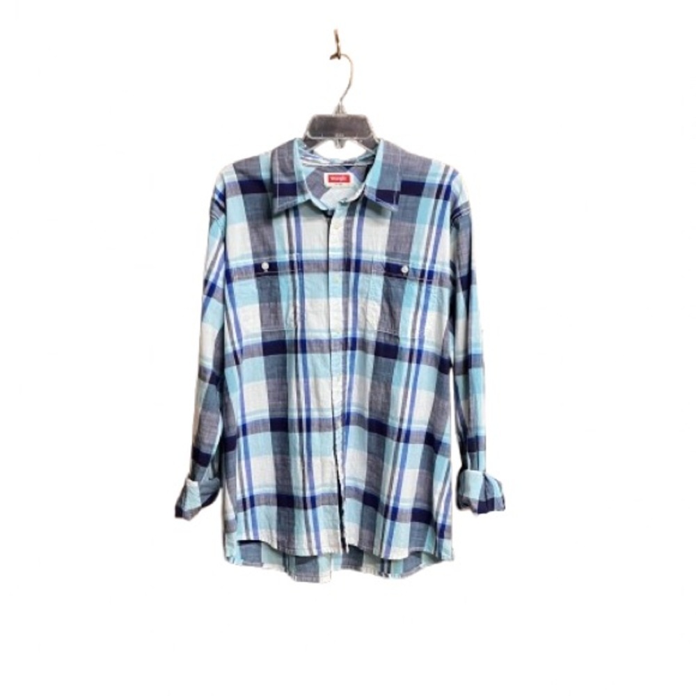Mens Wrangler Shirt XL Blue White Plaid Button Up Shirt